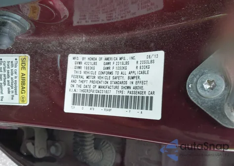 2013 Honda Accord Ex-L z USA, uszkodzony, nr VIN 1HGCR2F81DA231907